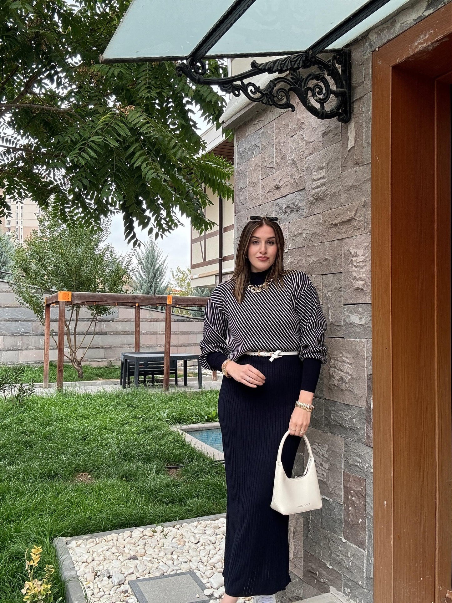 Stripes Printed Stretchable Ribbed Fleece Dress