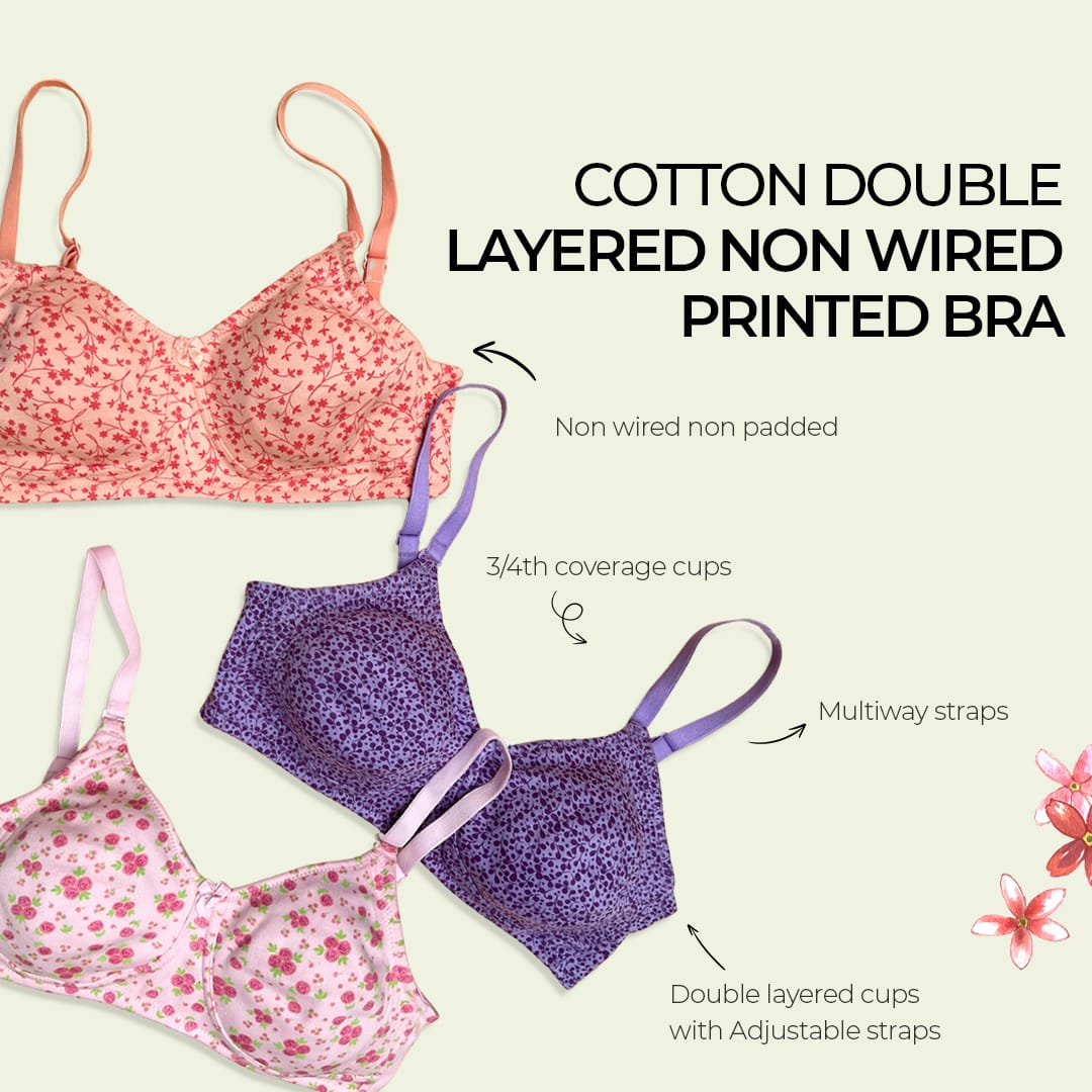 PACK OF 2 STRETCHABLE COTTON DOUBLE LAYERED NON WIRED PRINTED BRA