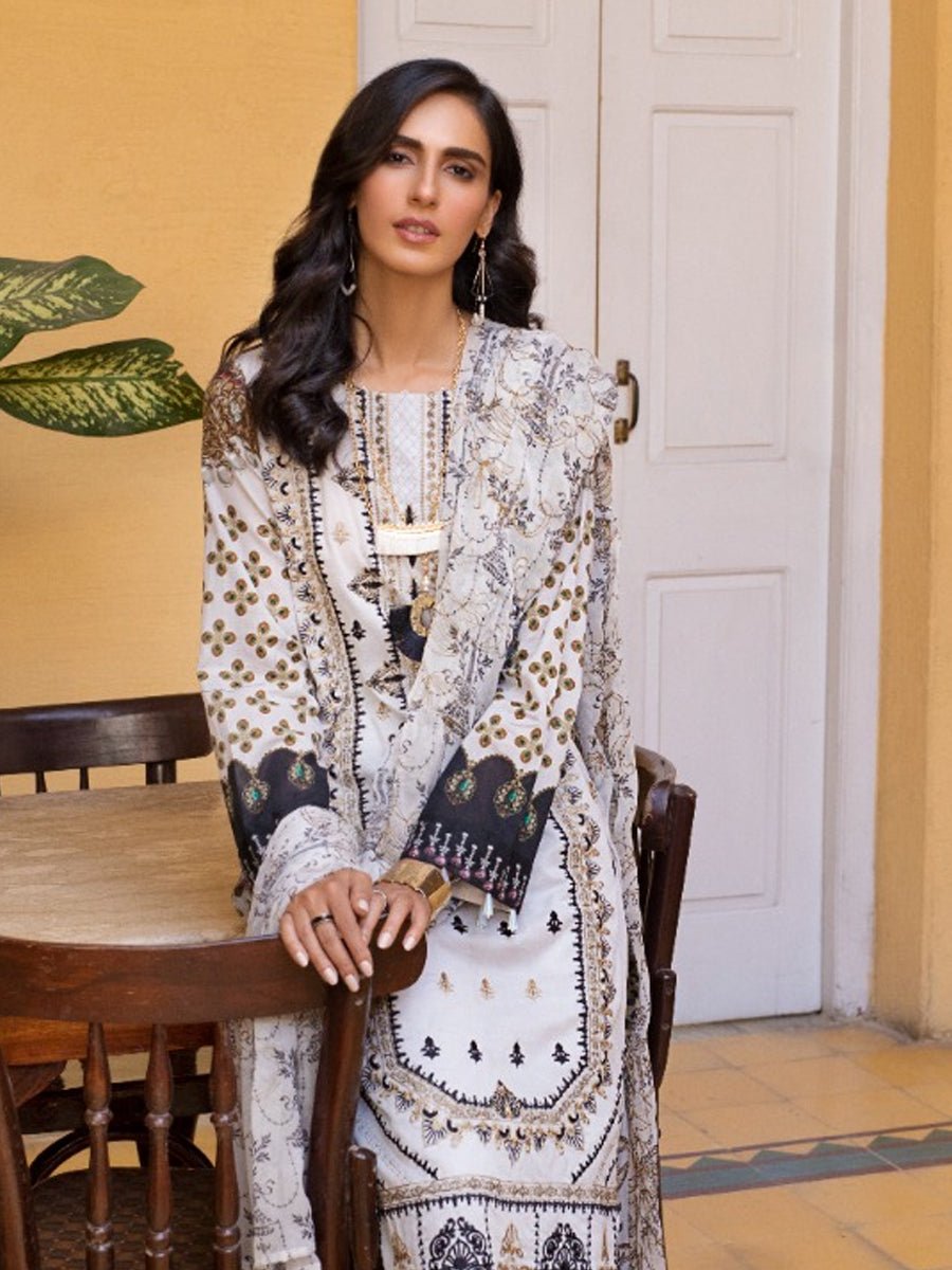1 & Get 1 Free - Snow White - Unstitched 3pc Digital Printed Embroidered Lawn with Chiffon Dupatta - Faustina DOS211
