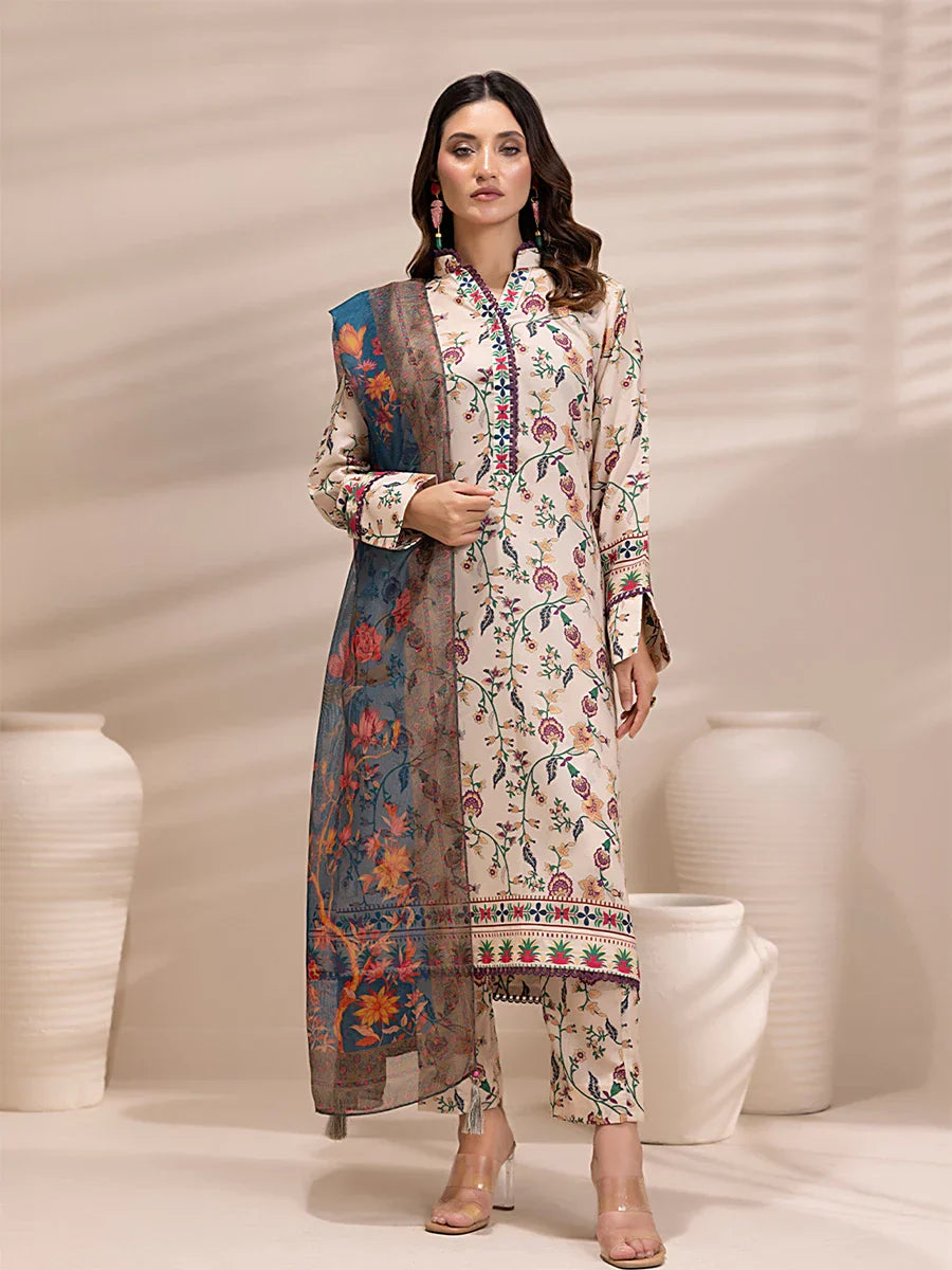 1 & Get 1 Free - 3PC Unstitched Printed Lawn Silk Suit DOS156