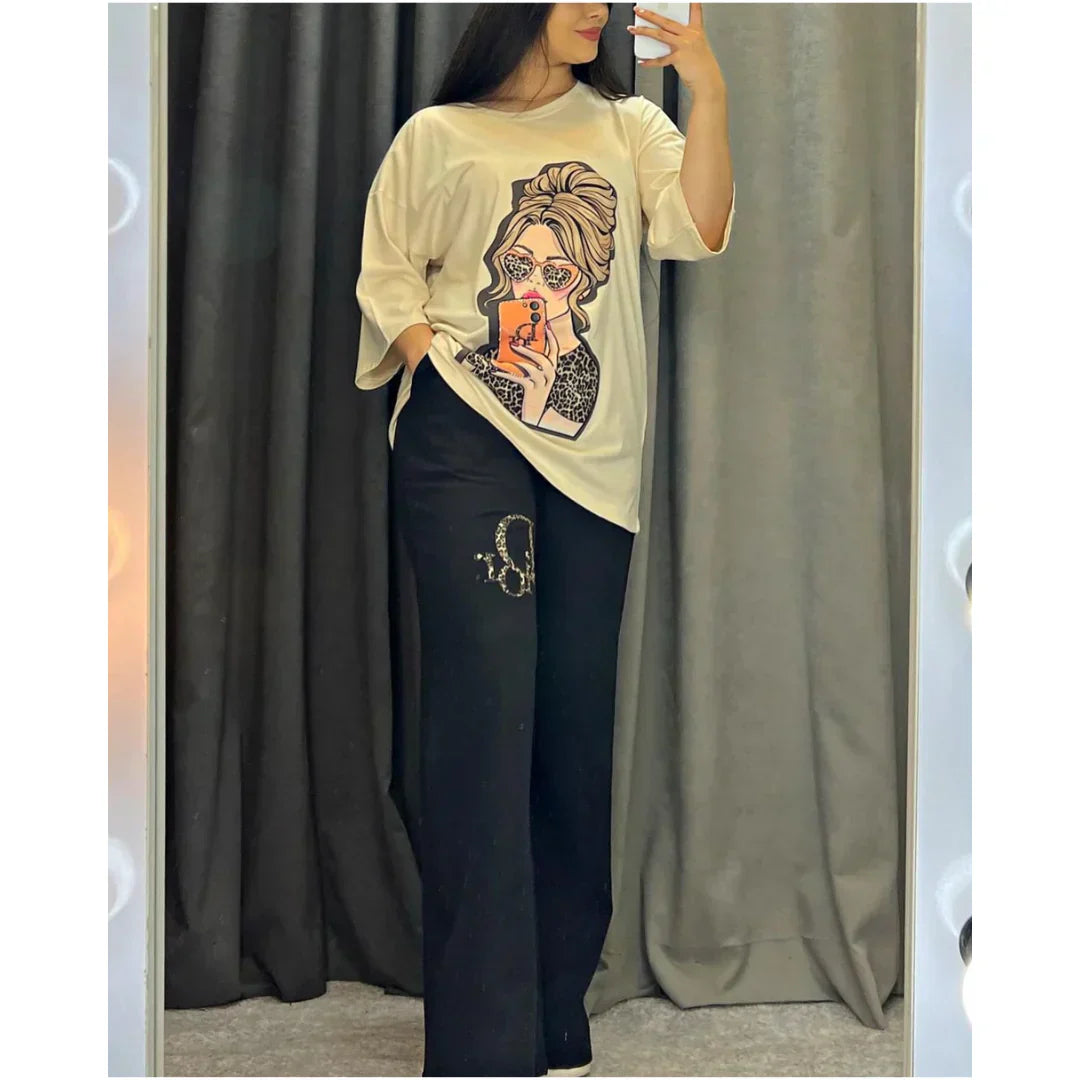 Printed Drop-Shoulder Tee Trousers