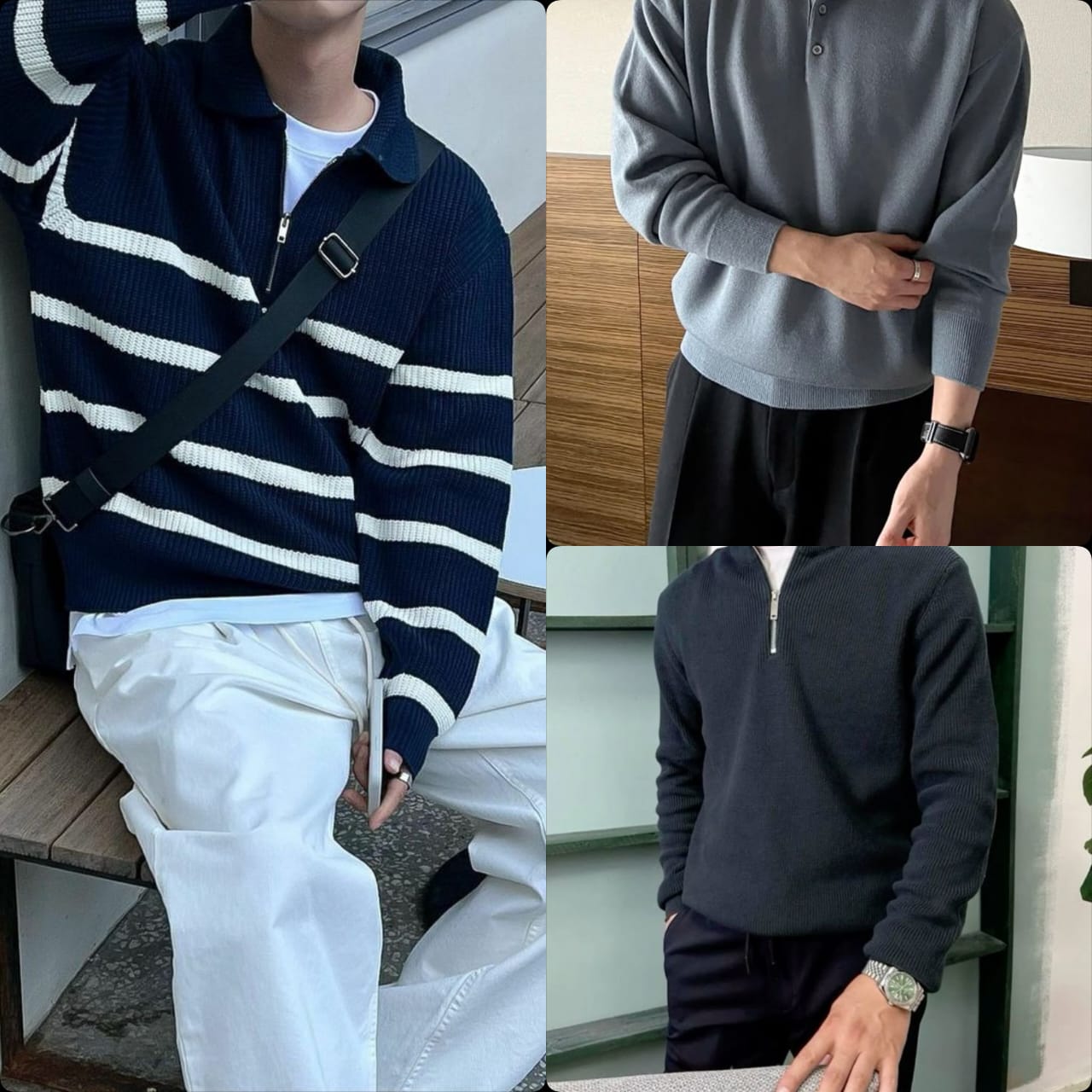 Pack of 3 Lightweight Half Zip & Crew Neck Knit Sweatshirts for Men – Premium Summer Collection | Breathable Casual Streetwear | 9425