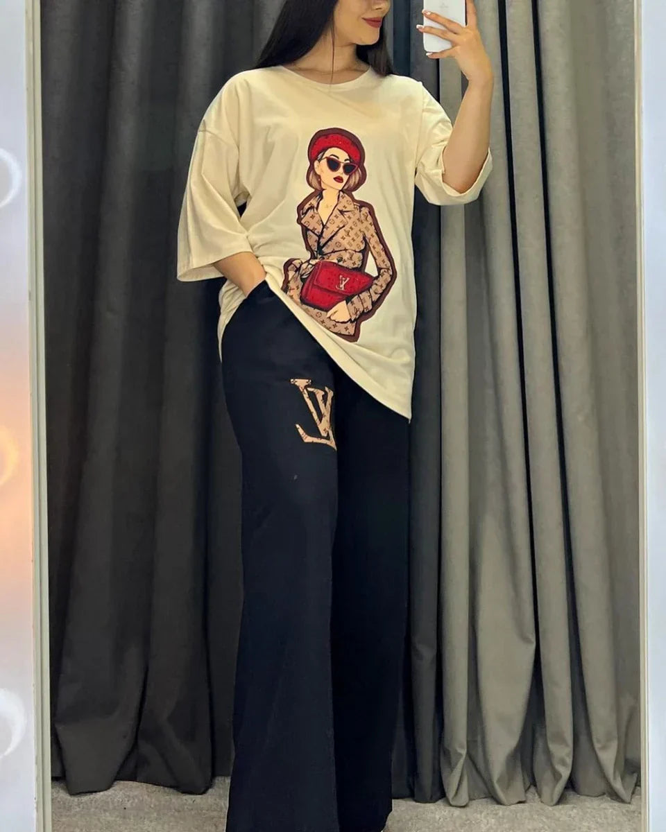 Printed Drop-Shoulder Tee Trousers