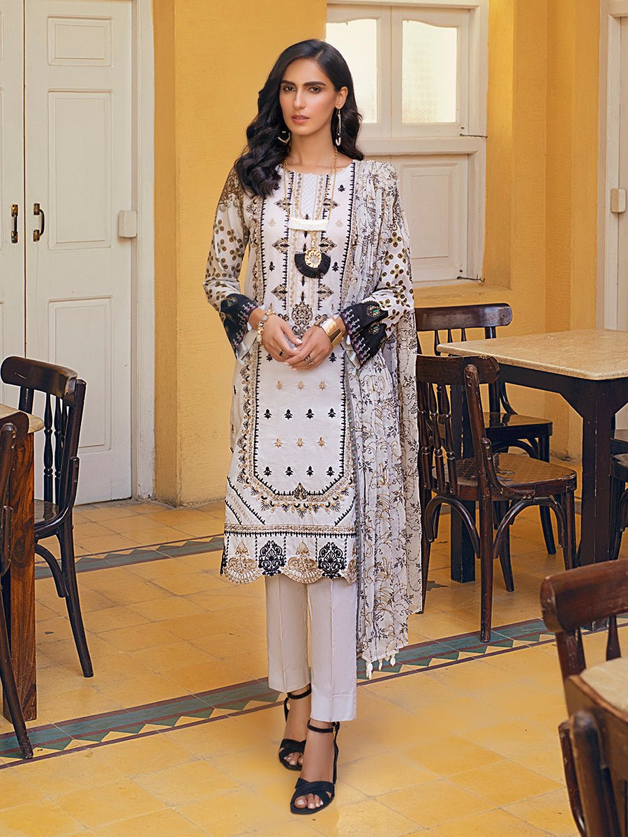 1 & Get 1 Free - Snow White  - Unstitched 3pc Digital Printed Embroidered Lawn with Chiffon Dupatta - Faustina DOS211