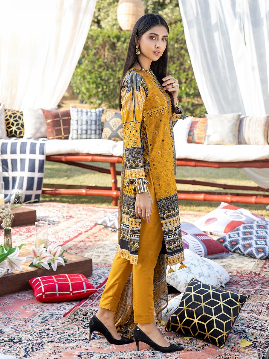 1 & Get 1 Free - Unstitched 3pc Printed Embroidered Lawn Shirt with Printed Chiffon Dupatta & Dyed Cambric Trouser - Z'ure DOS310